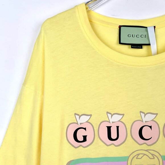 Gucci Yellow Apple Logo Print Round Neck Short Sleeve T-Shirt Made In Italy - Picture 3 of 7